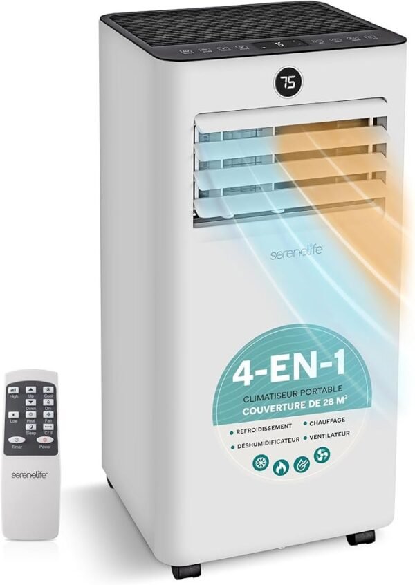 SereneLife Climatiseur Mobile 7000 BTU avec Chauffage, Jusqu'à 31 m² – Silencieux 55 dB, Déshumidificateur, Ventilateur, Télécommande et Écran LED [Classe énergétique A+++]