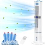 Climatiseur Mobile Silencieux Portable Rafraîchisseur d'air 360° Oscillation, Sortie d'air Double, 24H Minuteries, 65W, 4 Modes et 3 Vitesses avec Télécommande pour Chambre, Bureau, Cuisine [Classe énergétique A++]