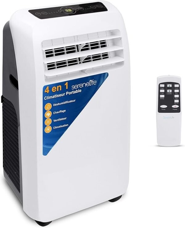 SereneLife Climatiseur Mobile 9000 BTU avec Chauffage – Climatiseur Réversible Portable 4 en 1, jusqu’à 41 m², Déshumidificateur, Ventilateur, Télécommande, Kit Fenêtre, Blanc