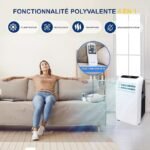 SereneLife Climatiseur Mobile 9000 BTU avec Chauffage – Climatiseur Réversible Portable 4 en 1, jusqu’à 41 m², Déshumidificateur, Ventilateur, Télécommande, Kit Fenêtre, Blanc – Image 3