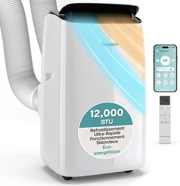 SereneLife Climatiseur Mobile Inverter A+++ 12000 BTU Double Tuyau – 4 en 1 Refroidissement Chauffage Déshumidification Ventilation, Auto-Swing, WiFi, Ultra Silencieux 44 à 49 dB avec Kit Fenêtre [Classe énergétique A+++]