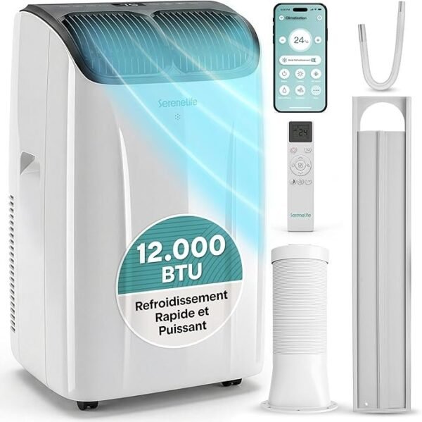 SereneLife Climatiseur Portable 12 000 BTU – Clim Mobile 4 en 1 Silencieuse avec WiFi, Rafraîchisseur d’Air, Déshumidificateur, Ventilation, Chauffage, Kit Fenêtre, Contrôle APP [Classe énergétique A+++]